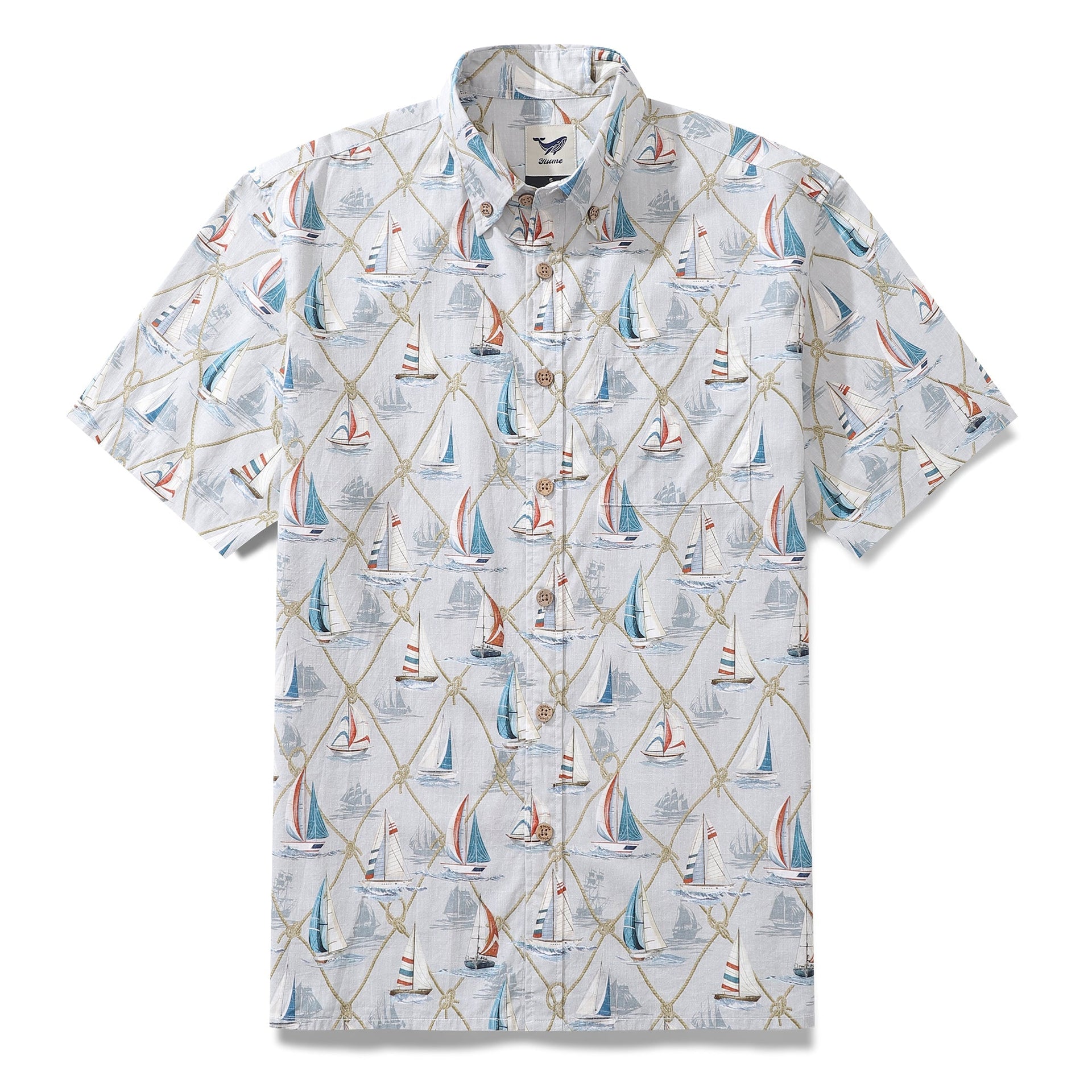 Men's short-sleeve button-down shirt featuring a sailboat and ocean adventure print