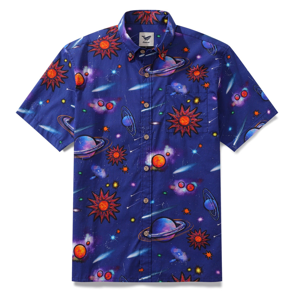 Men's short sleeve cotton button-down shirt with midnight sky and star pattern