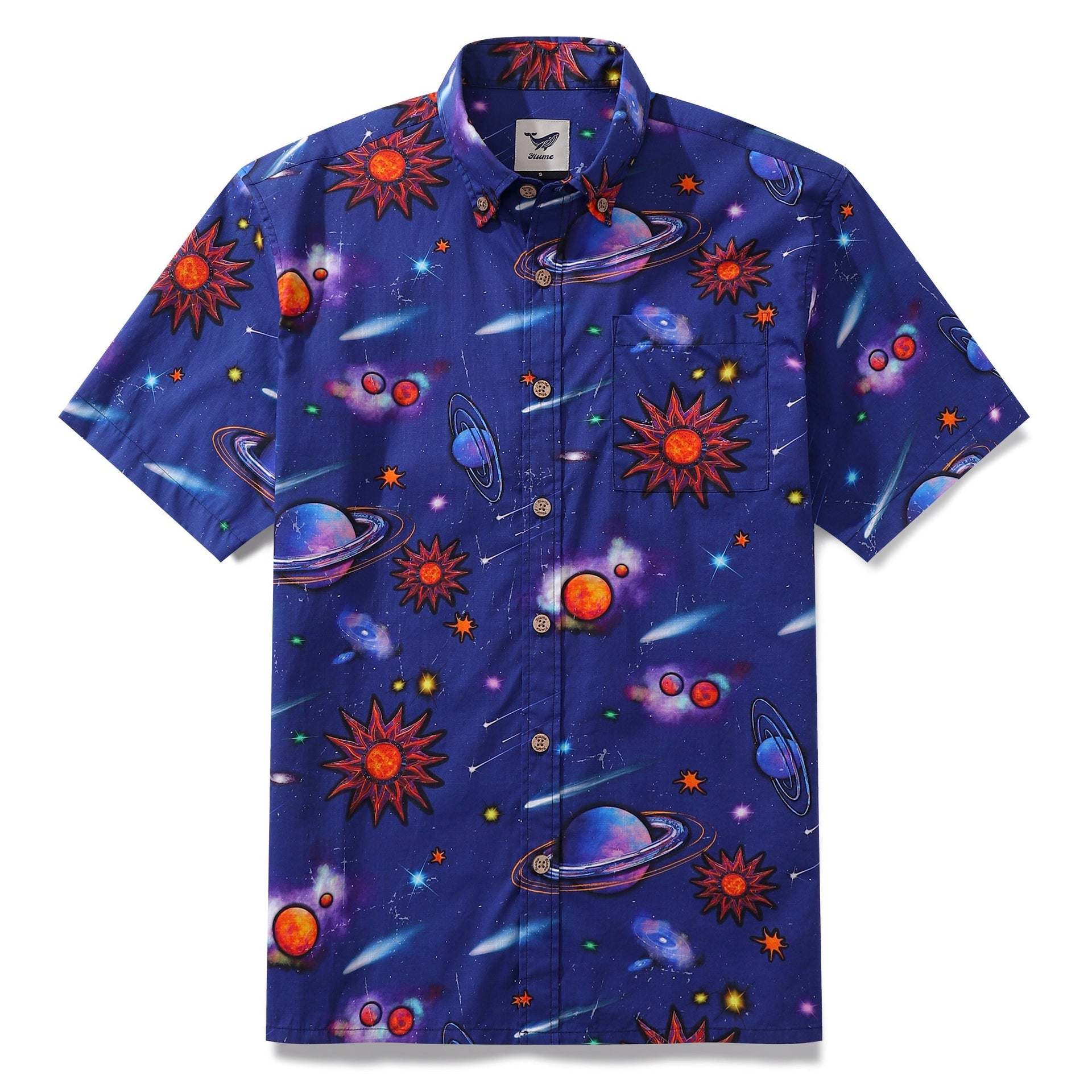 Men's short sleeve cotton button-down shirt with midnight sky and star pattern