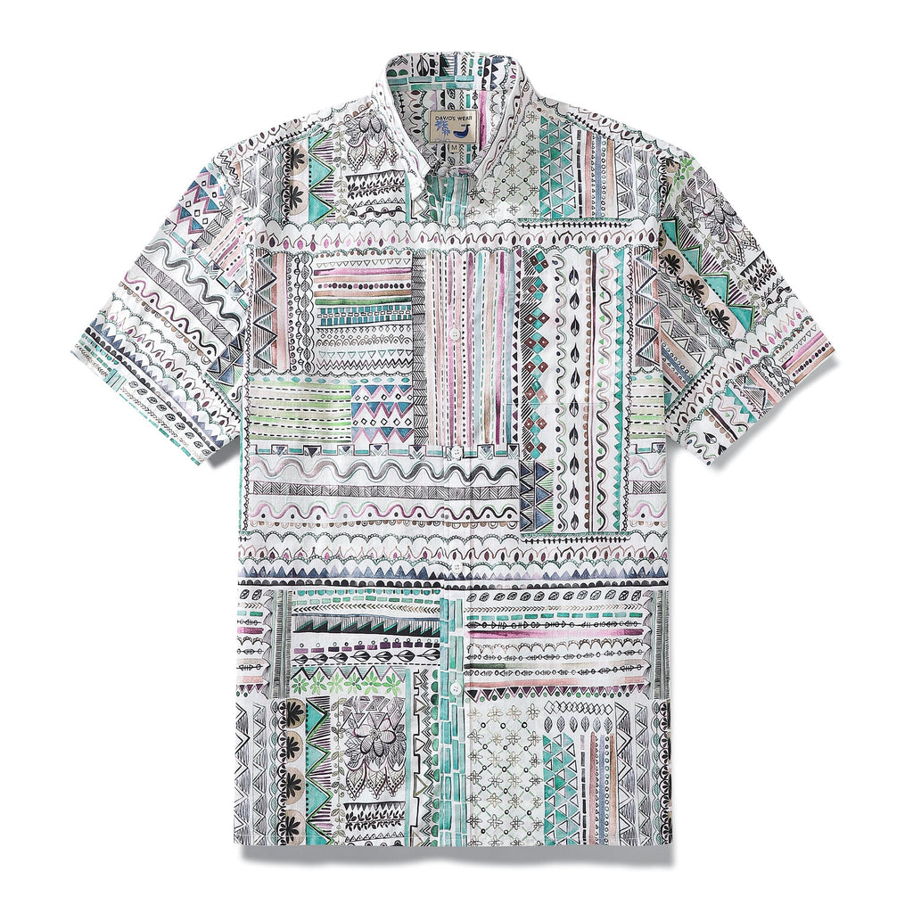 Men's vintage-style Hawaiian aloha shirt with a geometric tribal print in multiple colors