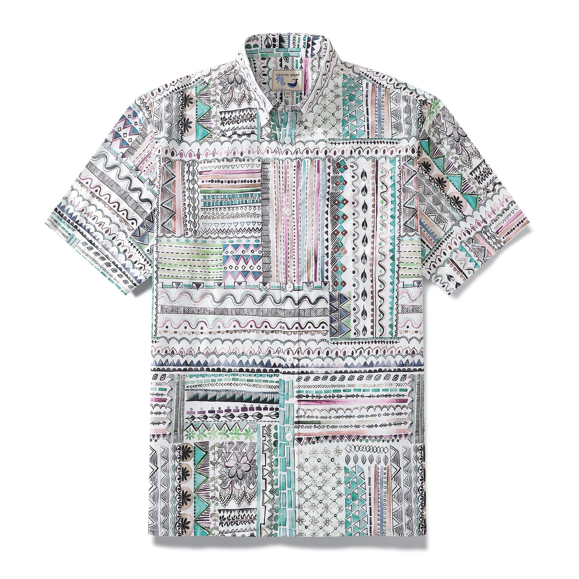 Men's vintage-style Hawaiian aloha shirt with a geometric tribal print in multiple colors