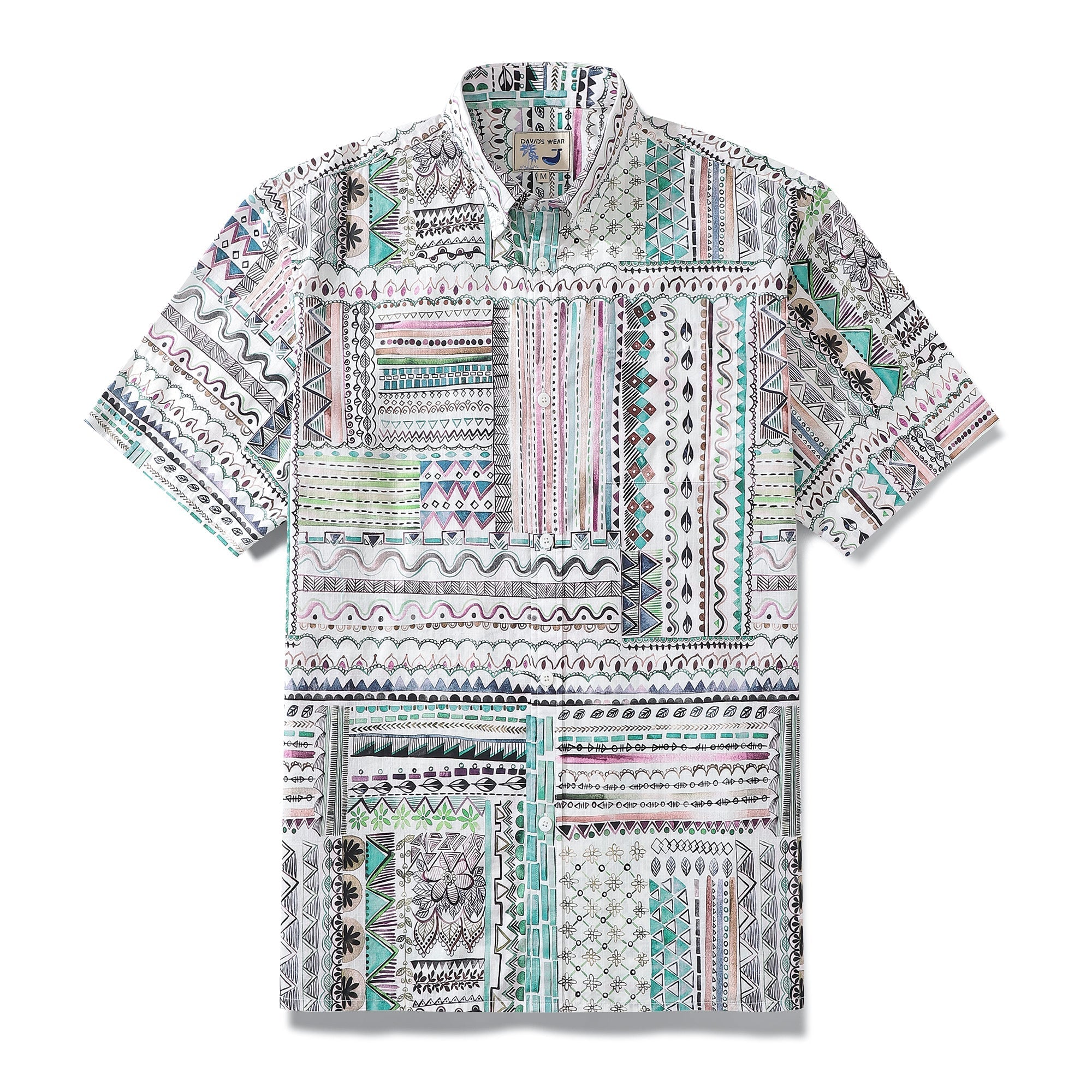 Men's vintage-style Hawaiian aloha shirt with a geometric tribal print in multiple colors