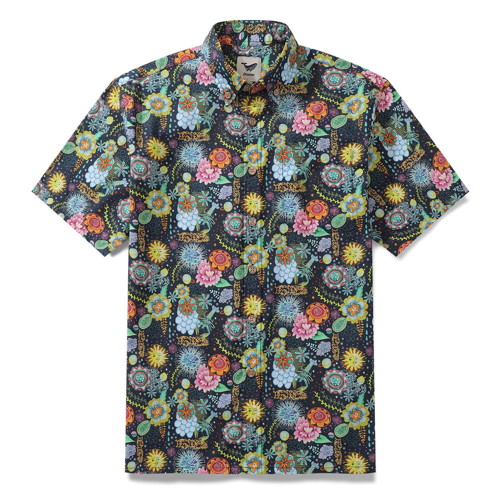 Men's navy Hawaiian shirt with multi-color midnight flower pattern by Caroline Bonne Müller.