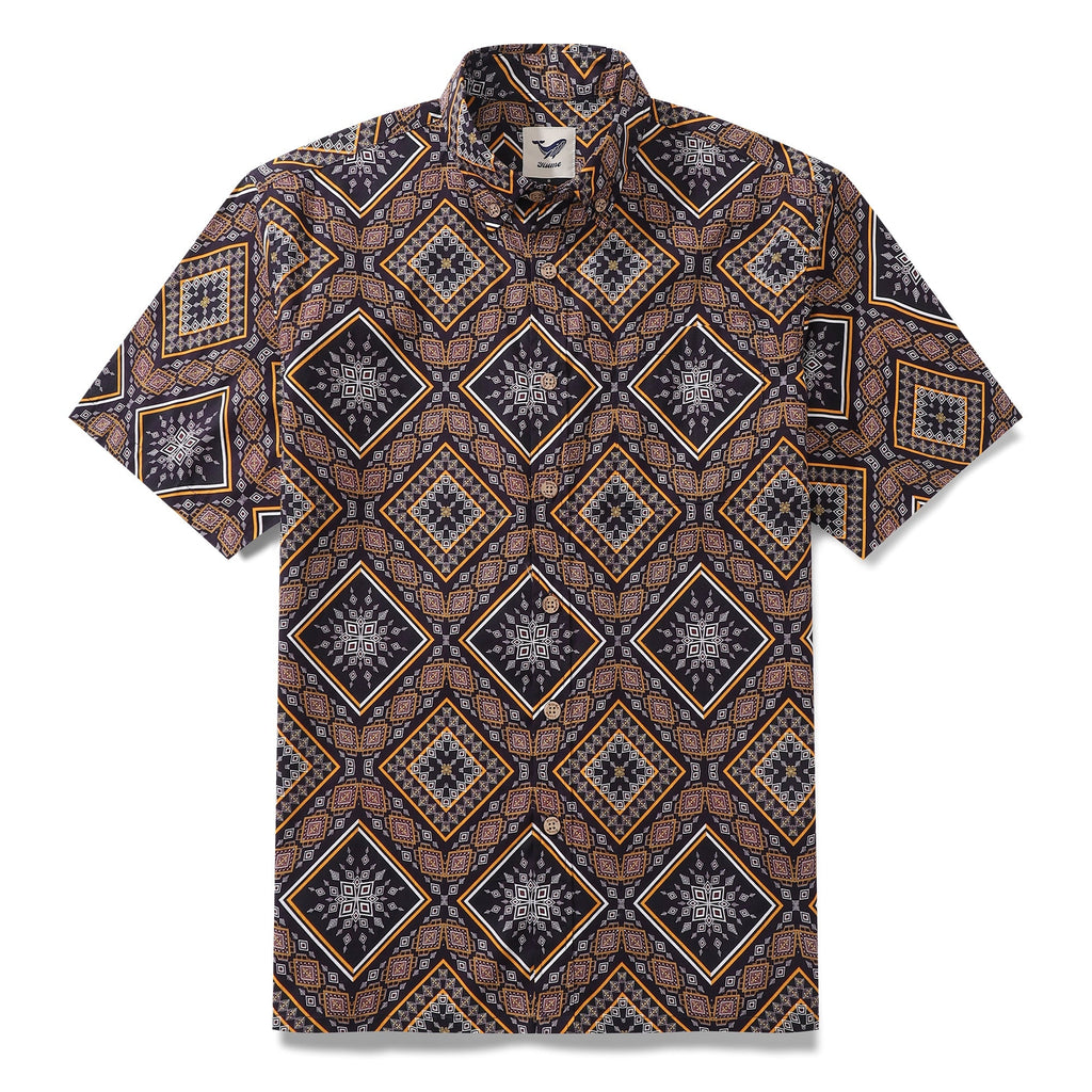 Men's short sleeve Hawaiian shirt with a brown and yellow geometric block pattern