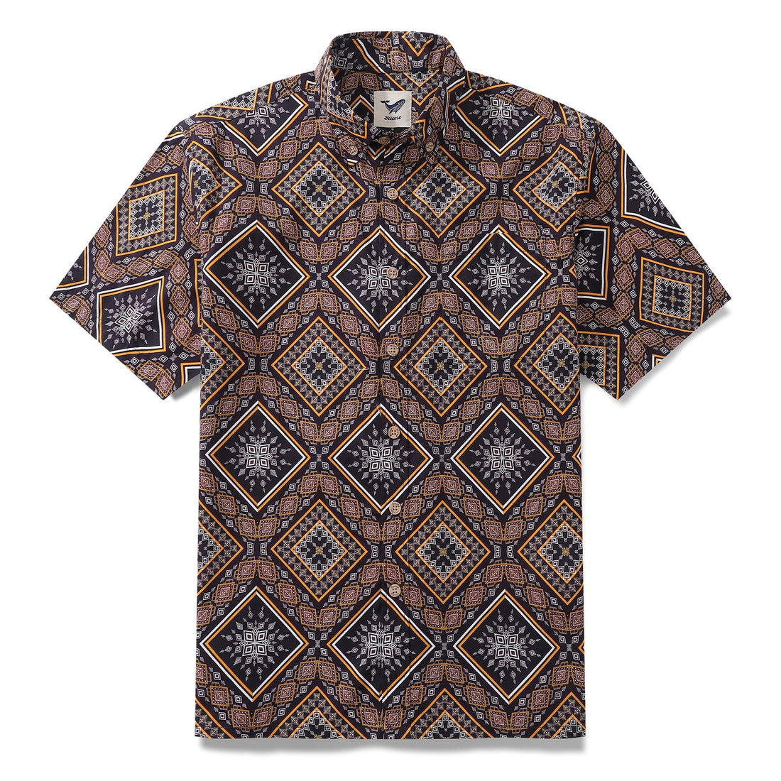 Men's short sleeve Hawaiian shirt with a brown and yellow geometric block pattern