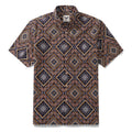 Men's short sleeve Hawaiian shirt with a brown and yellow geometric block pattern