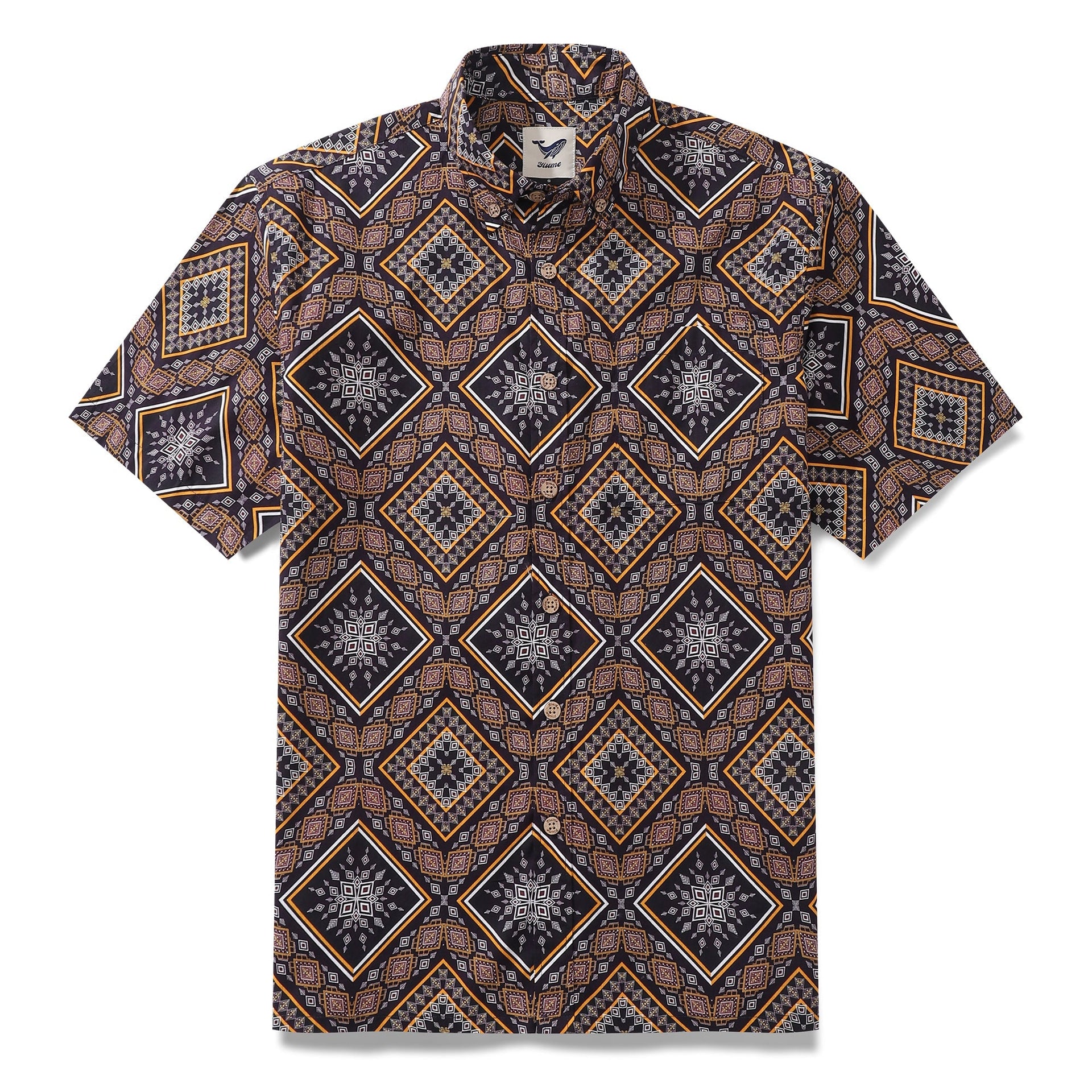 Men's short sleeve Hawaiian shirt with a brown and yellow geometric block pattern