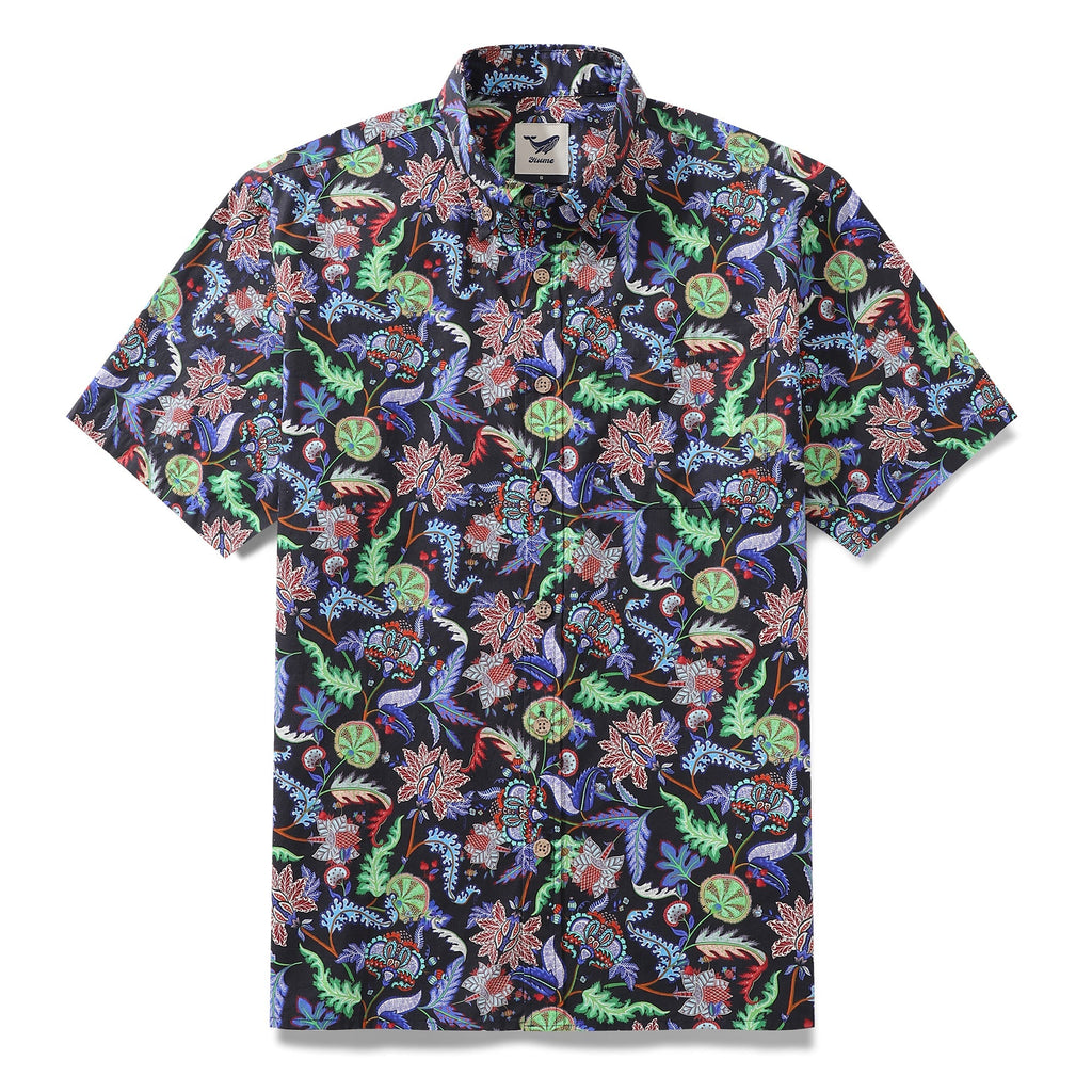 Men's green short-sleeve button-down shirt with a vibrant vine floral print