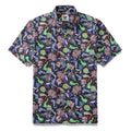 Men's green short-sleeve button-down shirt with a vibrant vine floral print