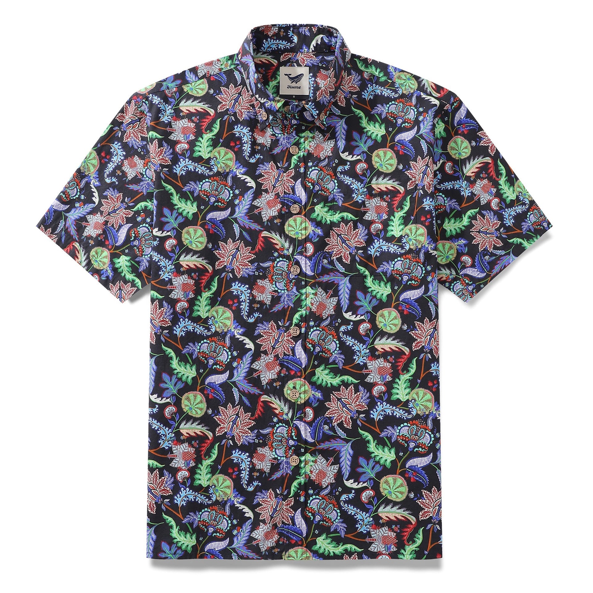 Men's green short-sleeve button-down shirt with a vibrant vine floral print