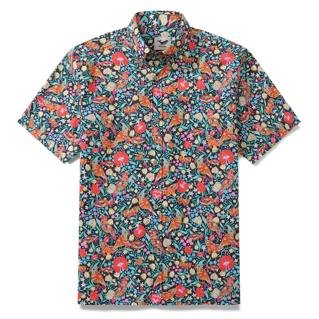 Navy blue Aloha shirt featuring a vibrant Magic Garden bird print by Car Pintos