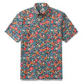Navy blue Aloha shirt featuring a vibrant Magic Garden bird print by Car Pintos