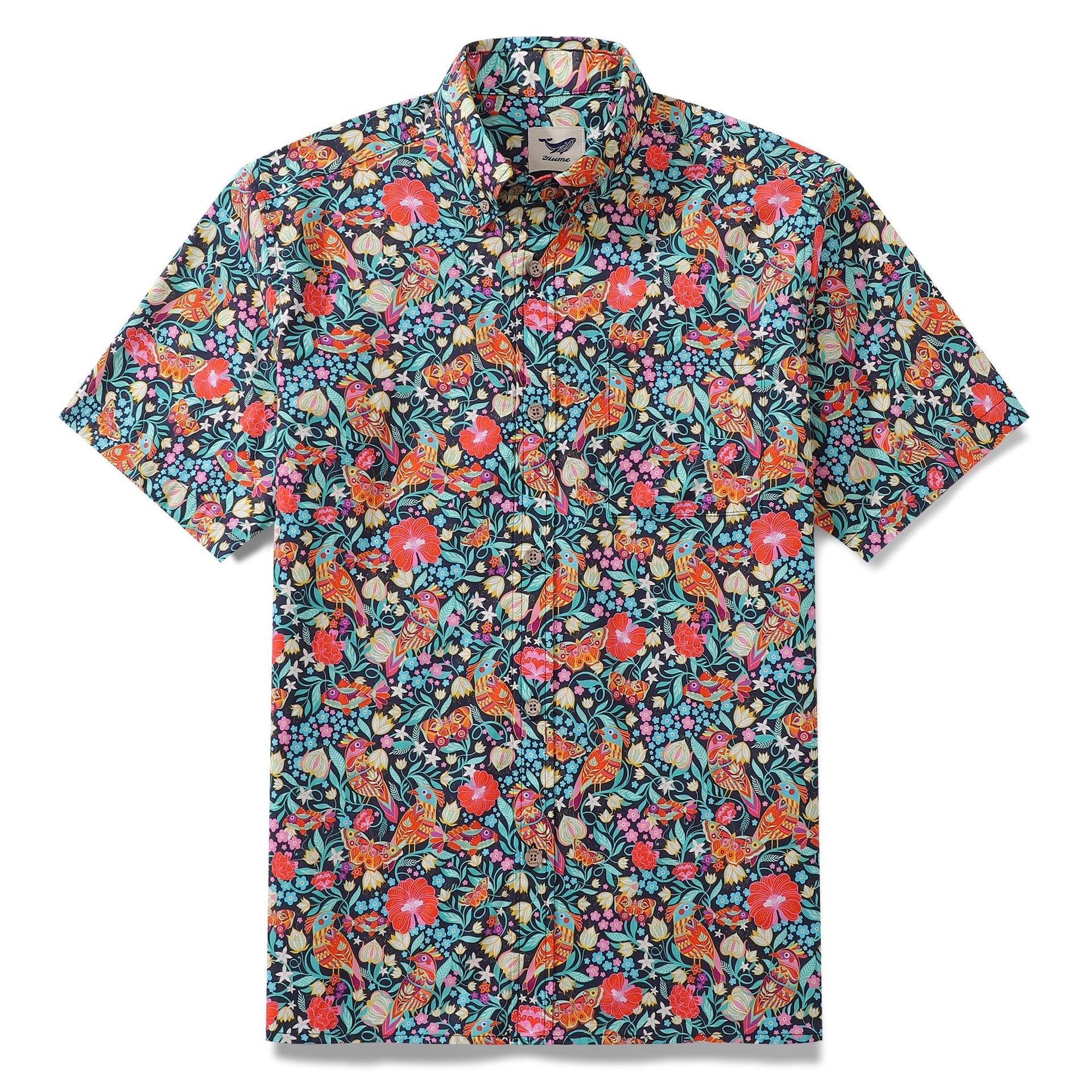 Navy blue Aloha shirt featuring a vibrant Magic Garden bird print by Car Pintos