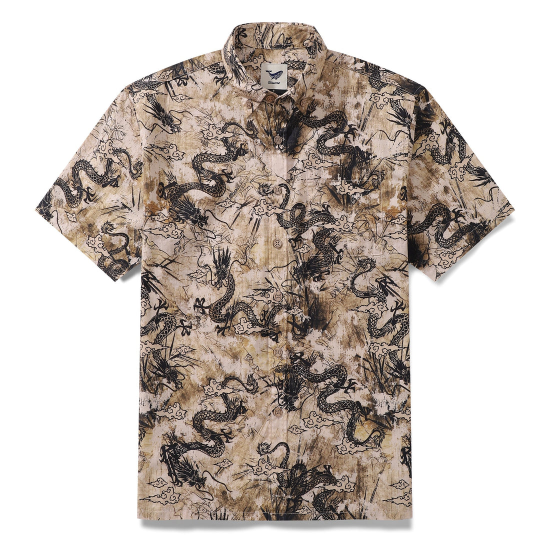 Men's vintage style cotton button-down shirt with yellow and brown Chinese dragon totem print.