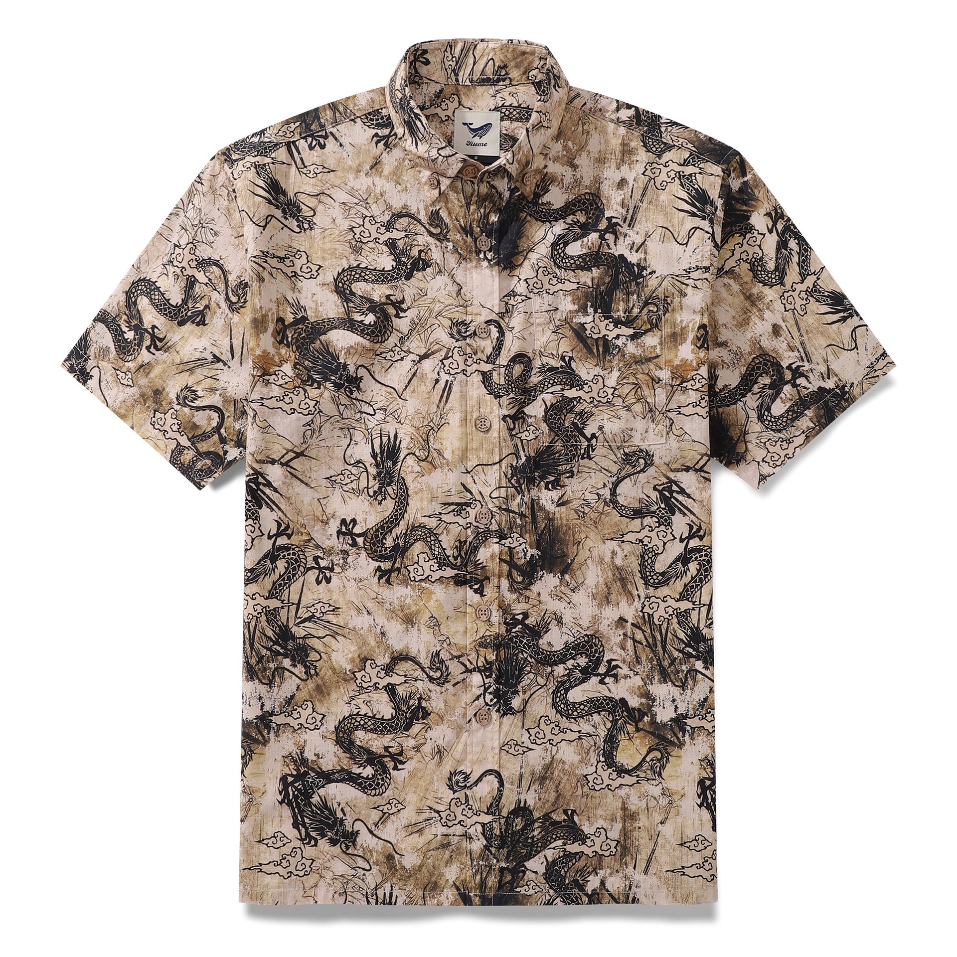 Men's vintage style cotton button-down shirt with yellow and brown Chinese dragon totem print.