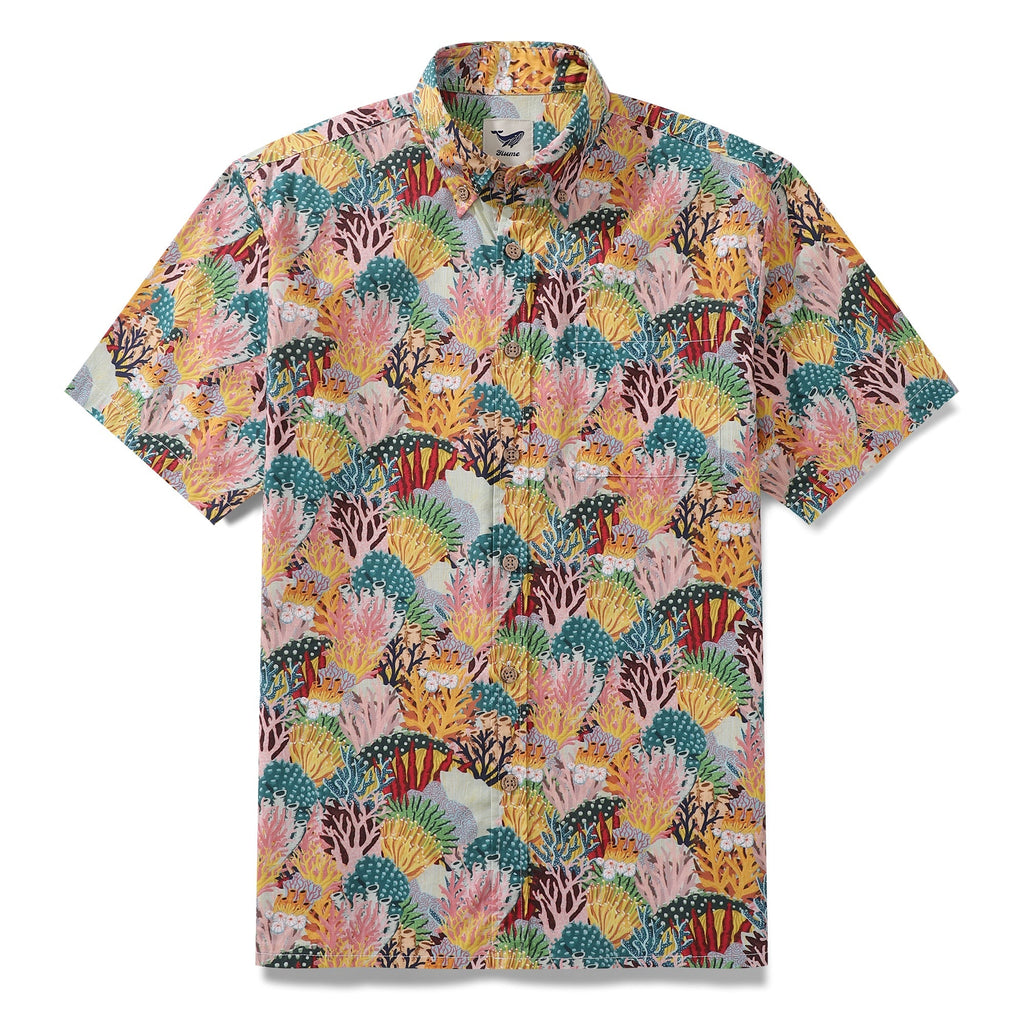 Men's 100% cotton coral reef print button-down shirt in short sleeve style