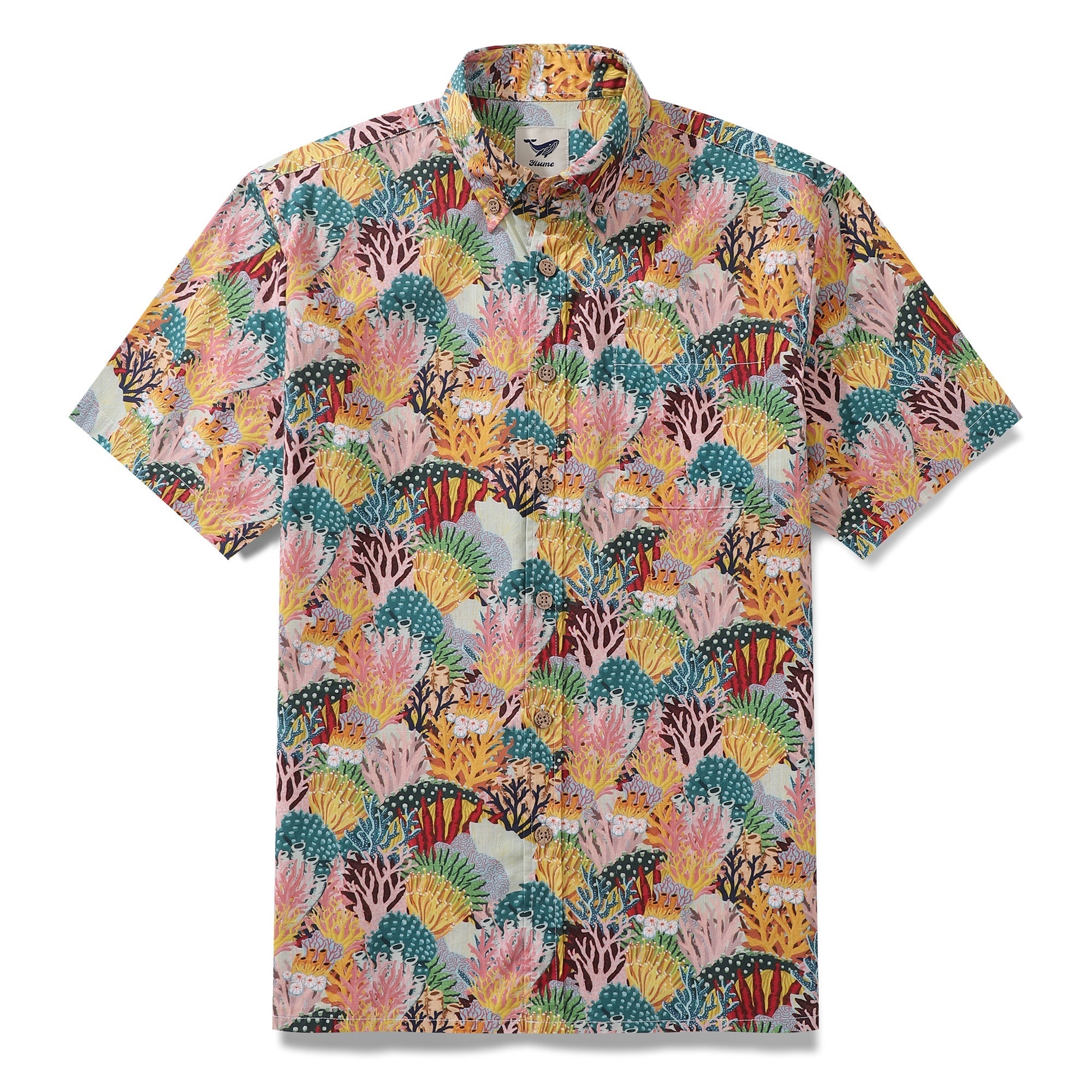 Men's 100% cotton coral reef print button-down shirt in short sleeve style