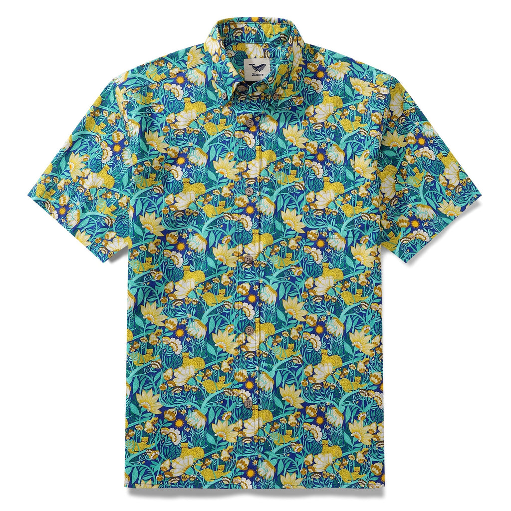 Men's blue and yellow floral Aloha button-down shirt with short sleeves.