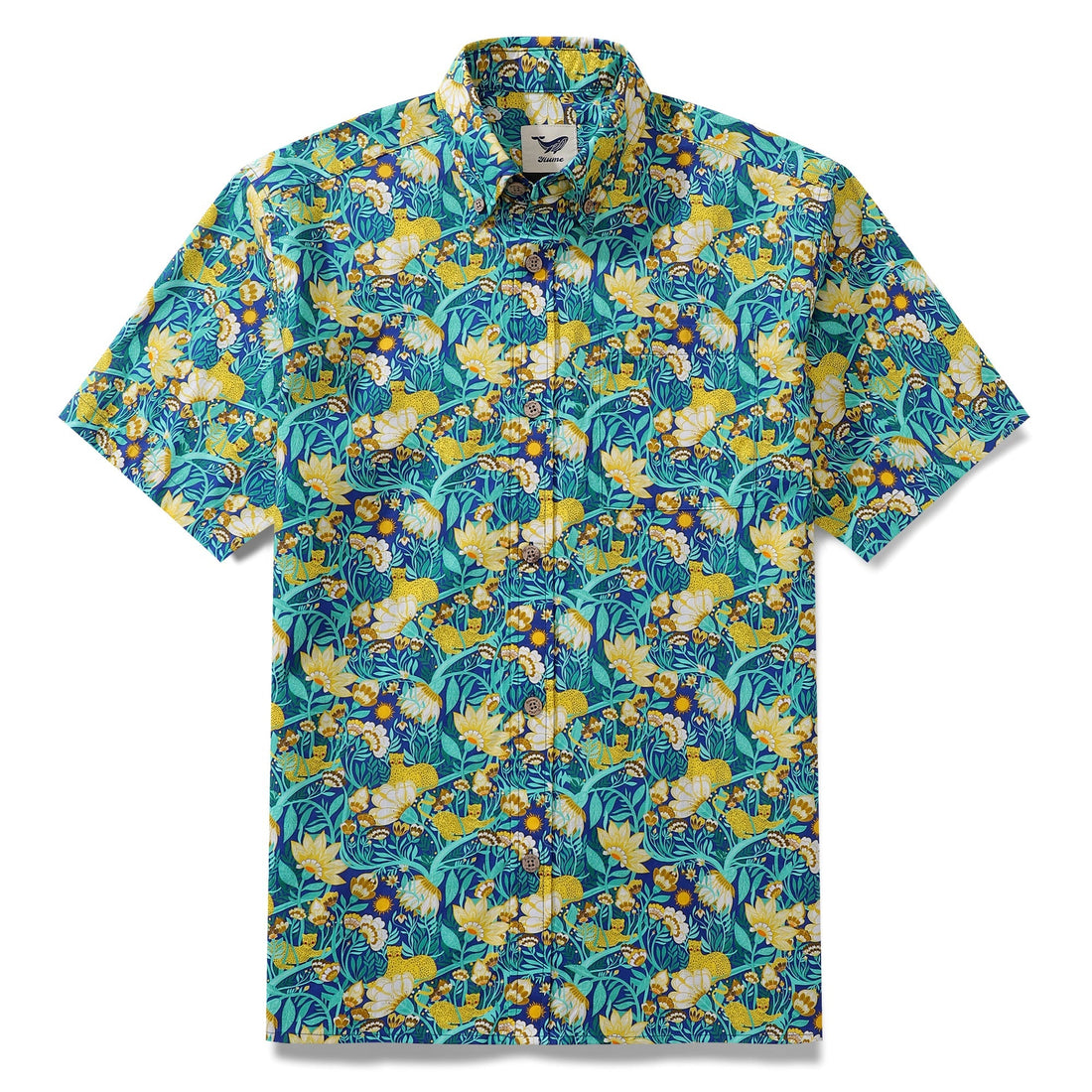 Men's blue and yellow floral Aloha button-down shirt with short sleeves.