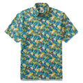 Men's blue and yellow floral Aloha button-down shirt with short sleeves.