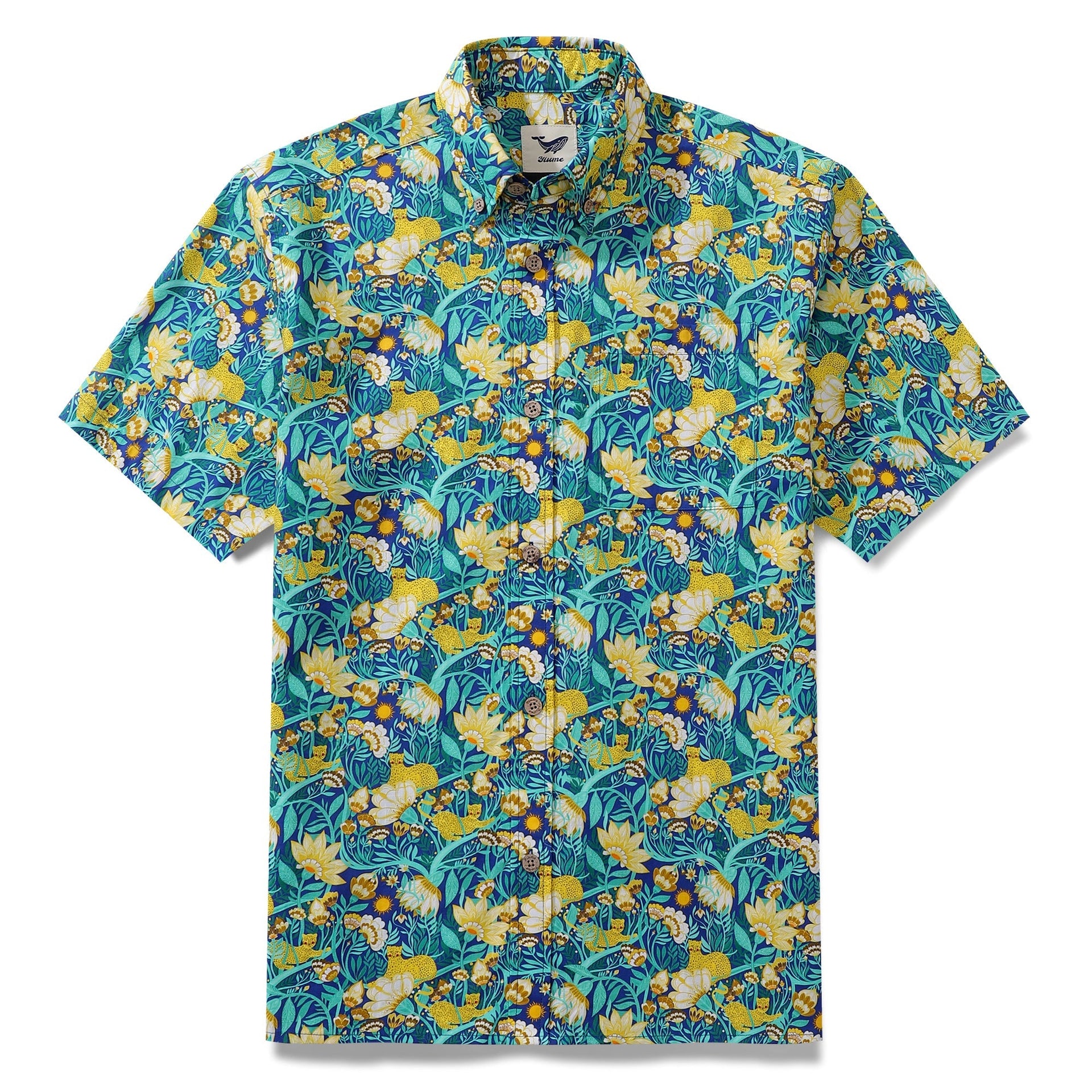 Men's blue and yellow floral Aloha button-down shirt with short sleeves.