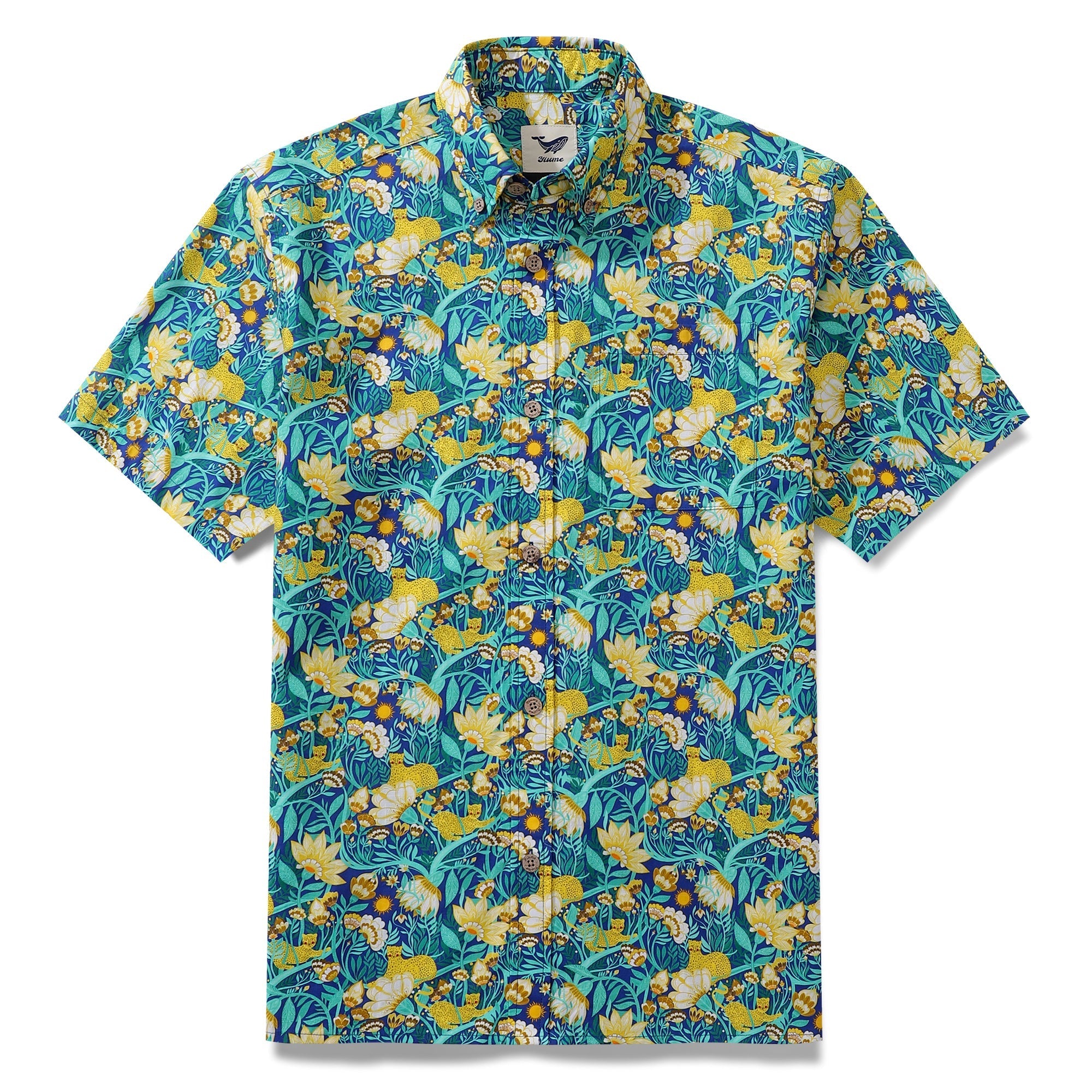 Men's blue and yellow floral Aloha button-down shirt with short sleeves.