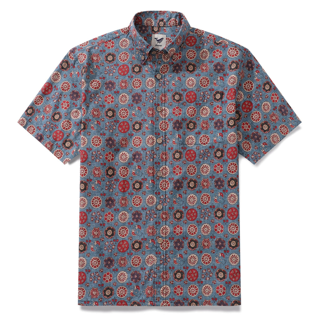 Men's short sleeve Hawaiian shirt in blue with a red 18th-century circular rose textile pattern.