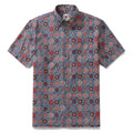 Men's short sleeve Hawaiian shirt in blue with a red 18th-century circular rose textile pattern.