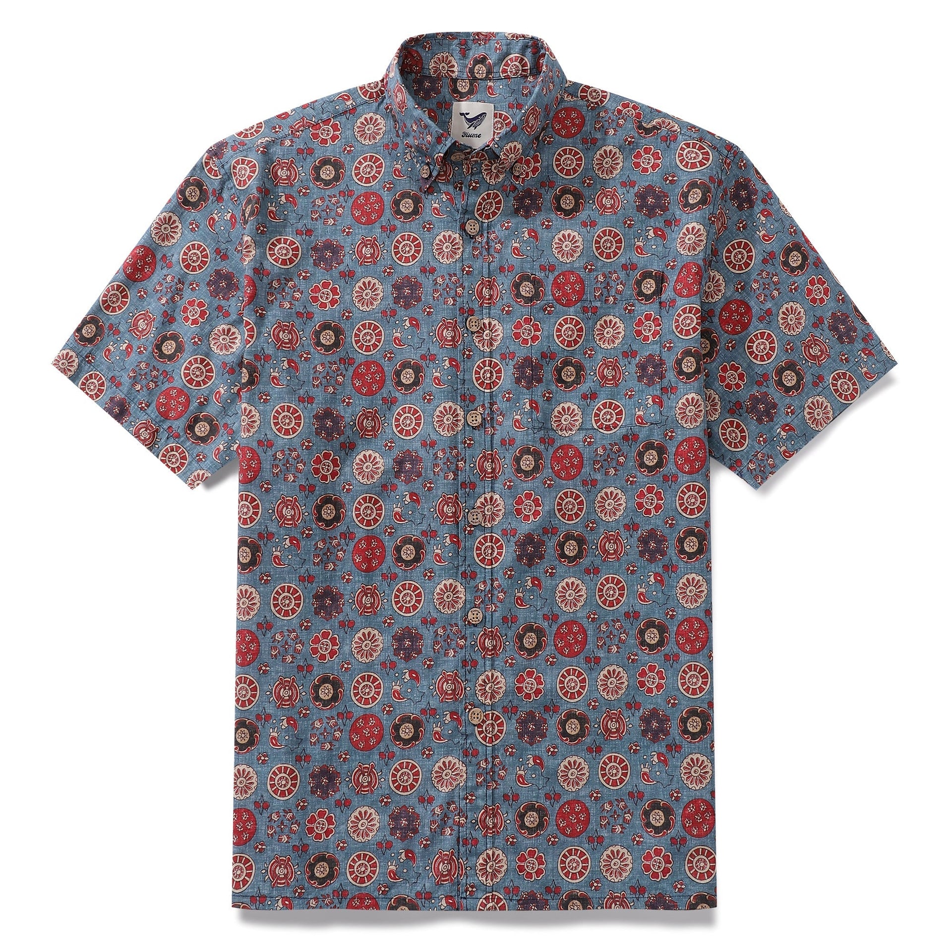 Men's short sleeve Hawaiian shirt in blue with a red 18th-century circular rose textile pattern.