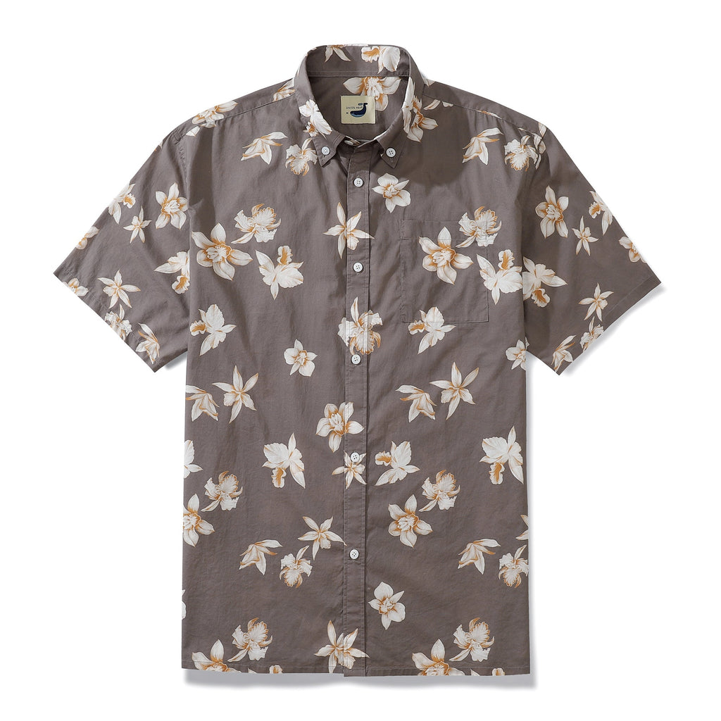 Men's 1920s vintage style brown cotton short sleeve Aloha button-down shirt