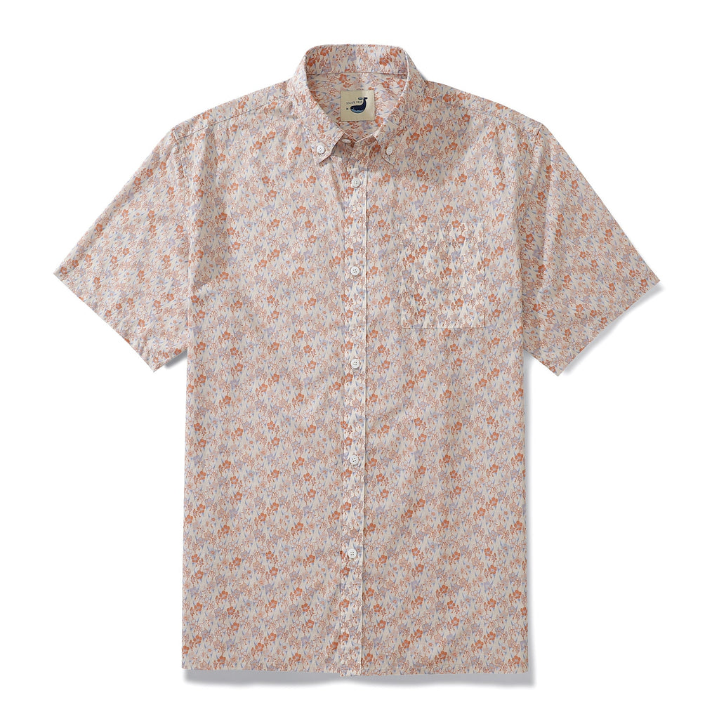 Men's light pink floral print short sleeve cotton aloha shirt with button down front