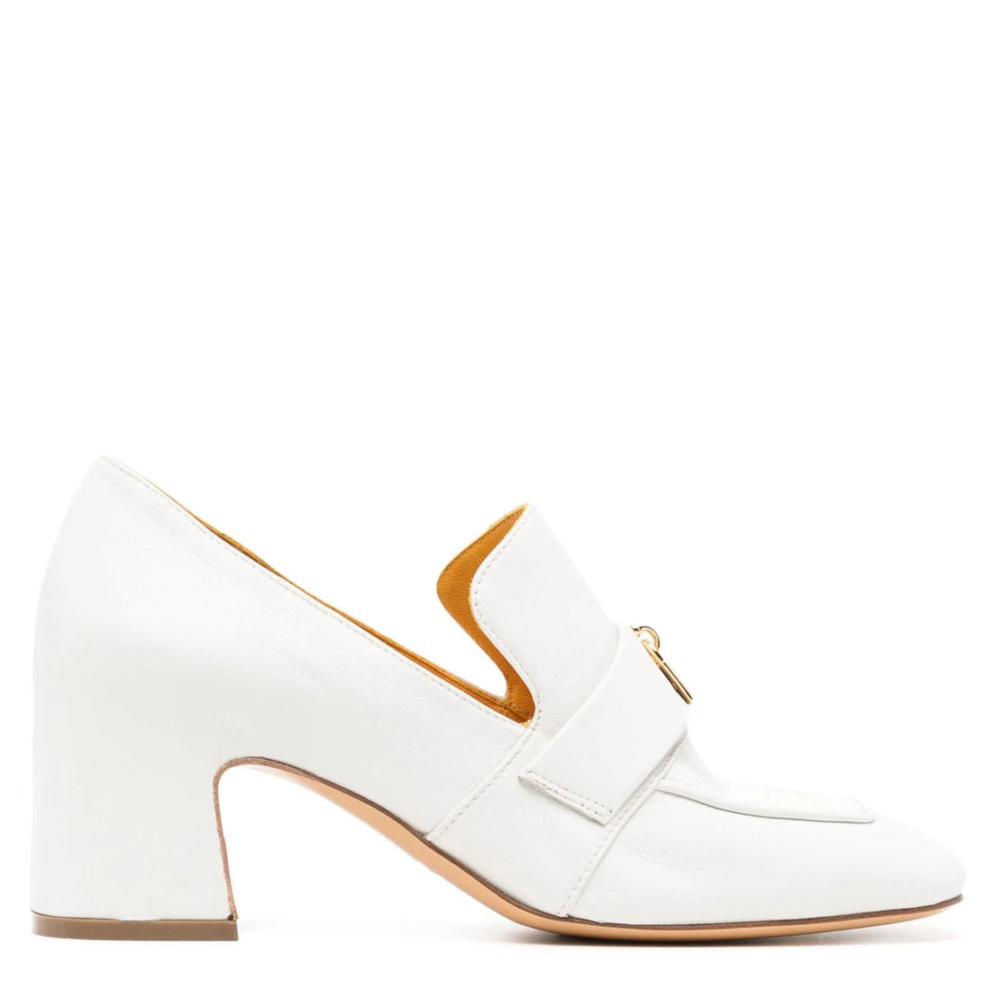 A pair of white leather loafers with a block heel and gold lock hardware detail on a white background.