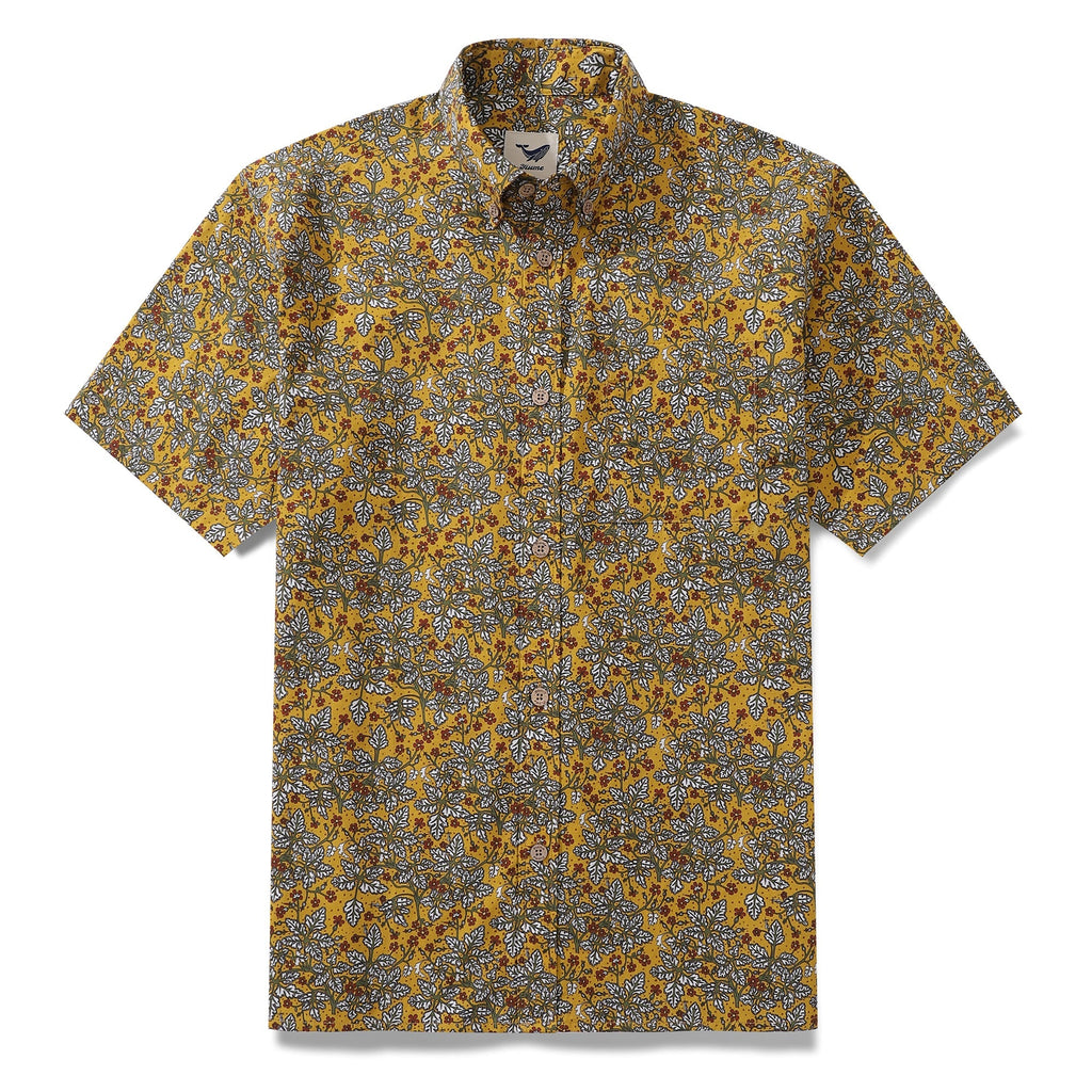 Men's mustard-yellow button-down shirt with a vintage-inspired white and green leaf floral pattern.