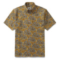 Men's mustard-yellow button-down shirt with a vintage-inspired white and green leaf floral pattern.