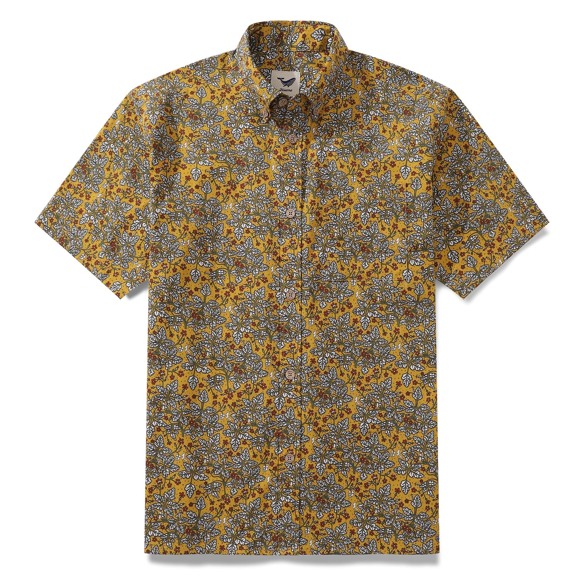 Men's mustard-yellow button-down shirt with a vintage-inspired white and green leaf floral pattern.