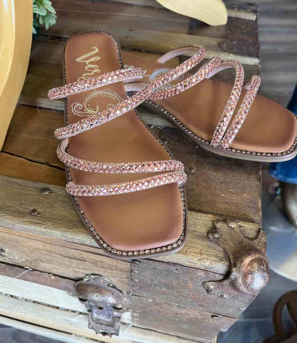 Jackie Criss Cross Rhinestone Sandal in Rose Gold