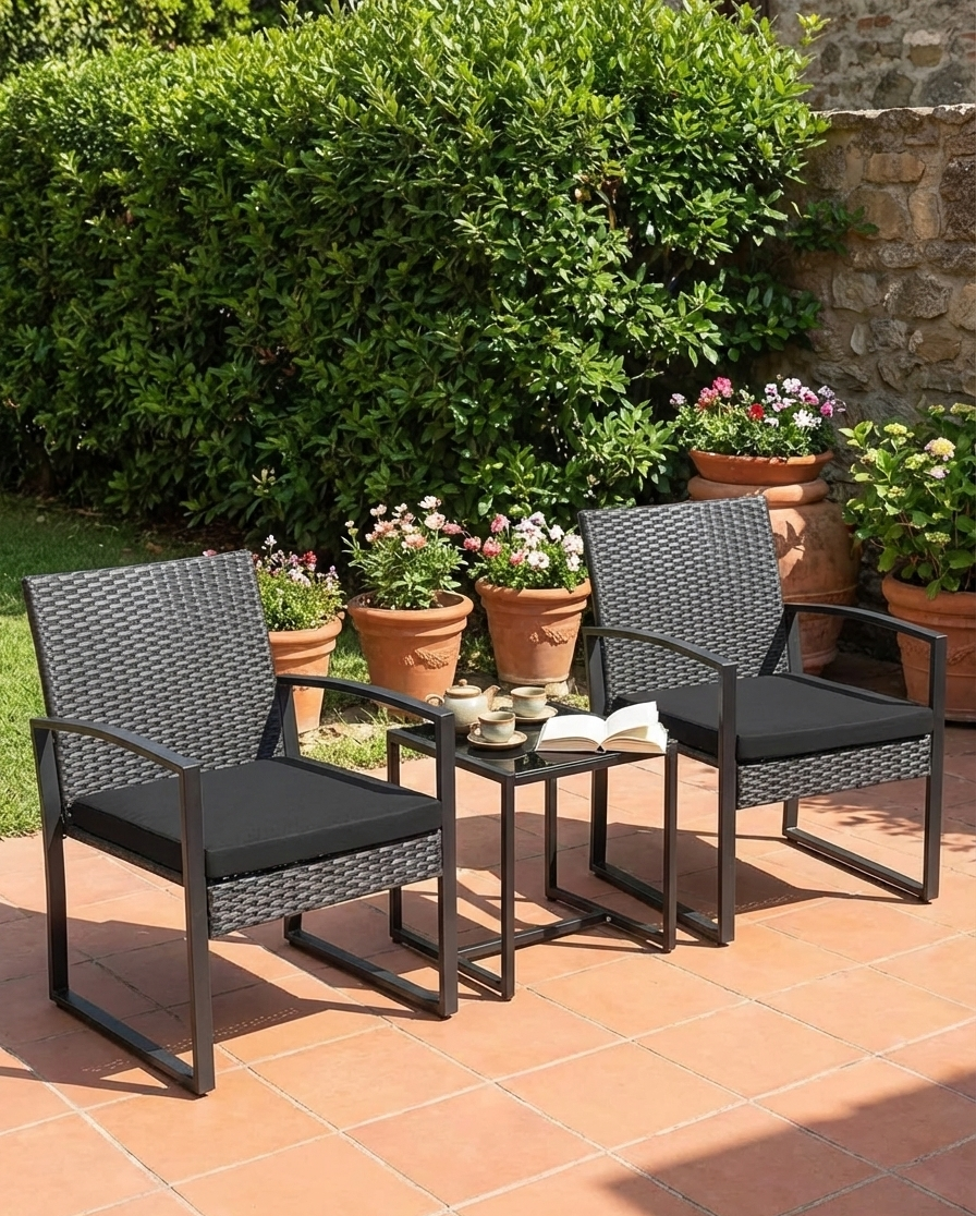 3-Piece Modern Wicker Patio Bistro Set with Beige Cushions
