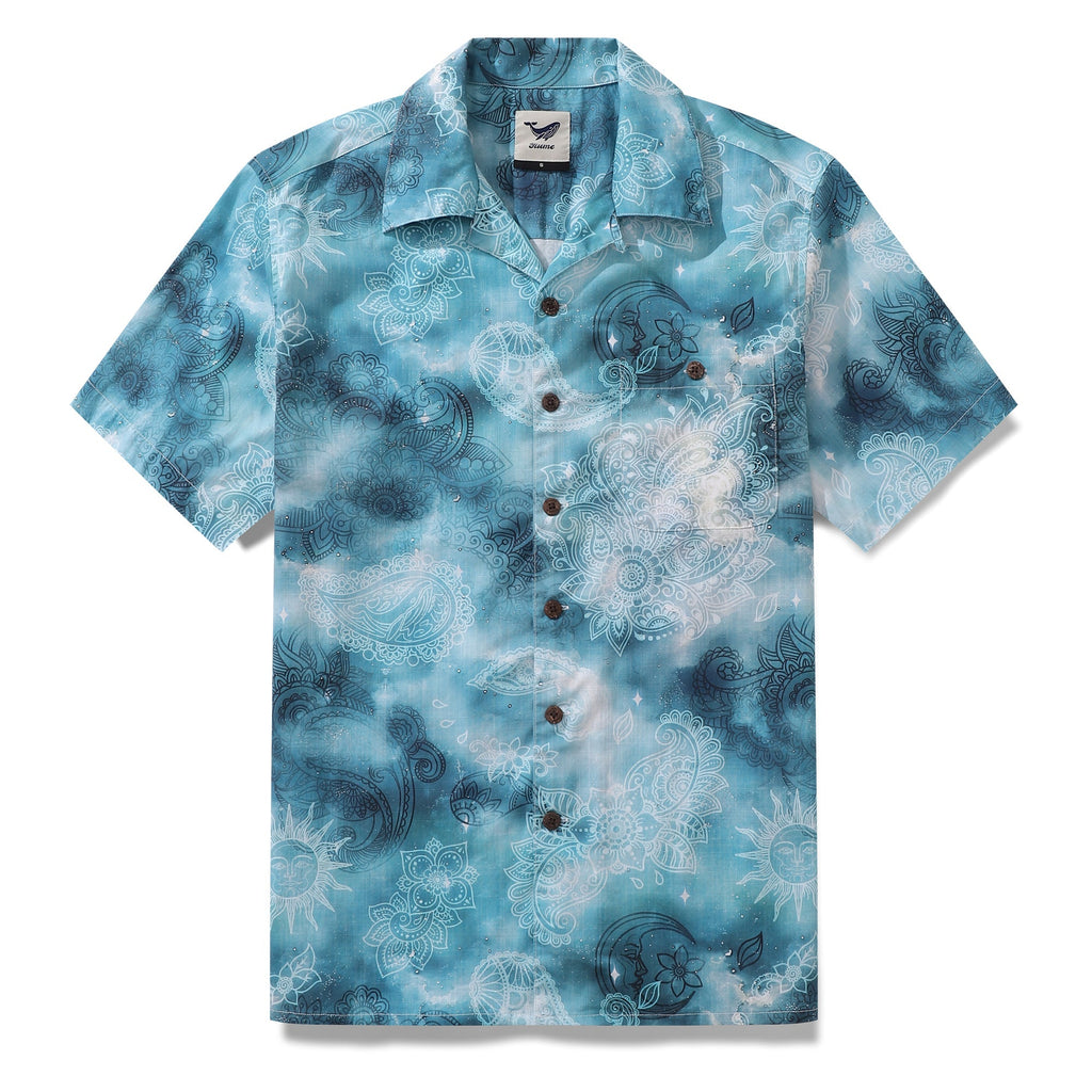 Men's blue and white paisley print Hawaiian shirt with a camp collar and button closure