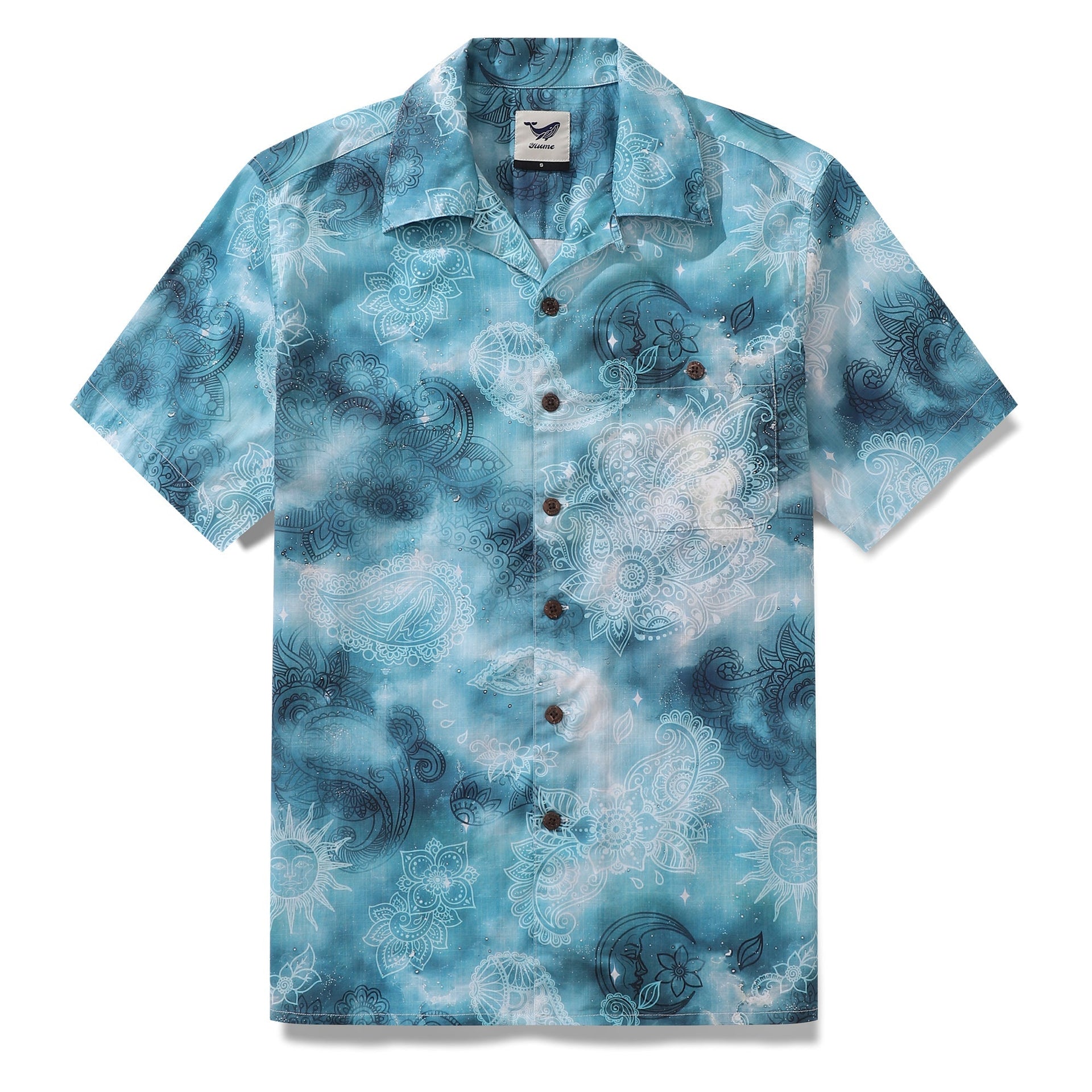 Men's blue and white paisley print Hawaiian shirt with a camp collar and button closure