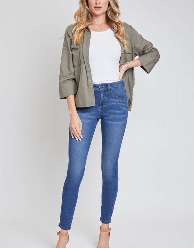 Royalty Hyper Denim skinny jeans in a dark wash finish, front view