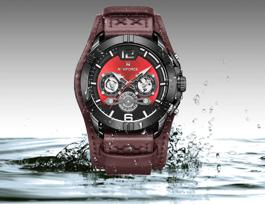 Men's Waterproof Chronograph Watch with Leather Strap & Dial Window