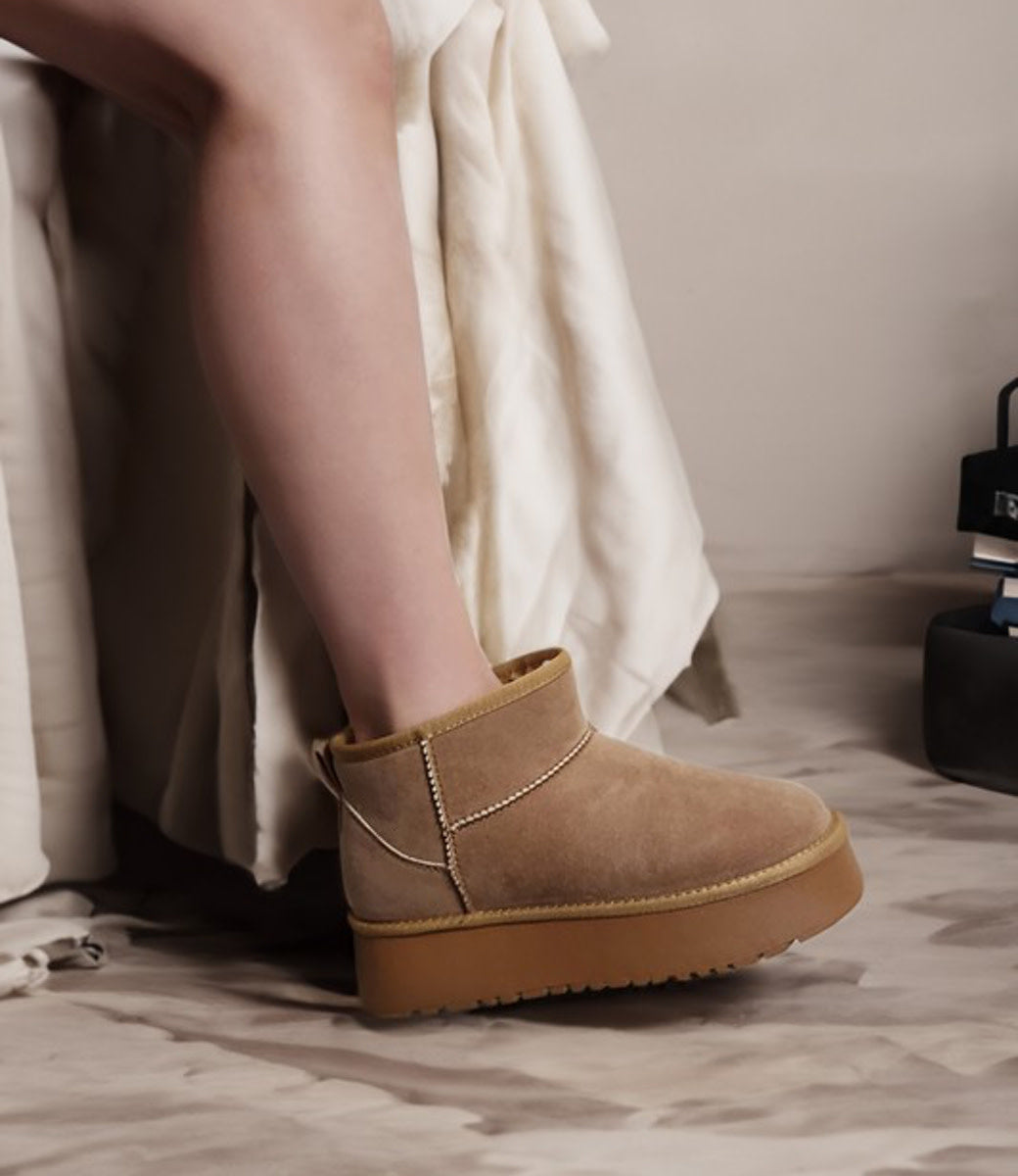 Side profile of Margot Chunky Platform Mini Boot in Camel faux suede with fur lining and platform sole.