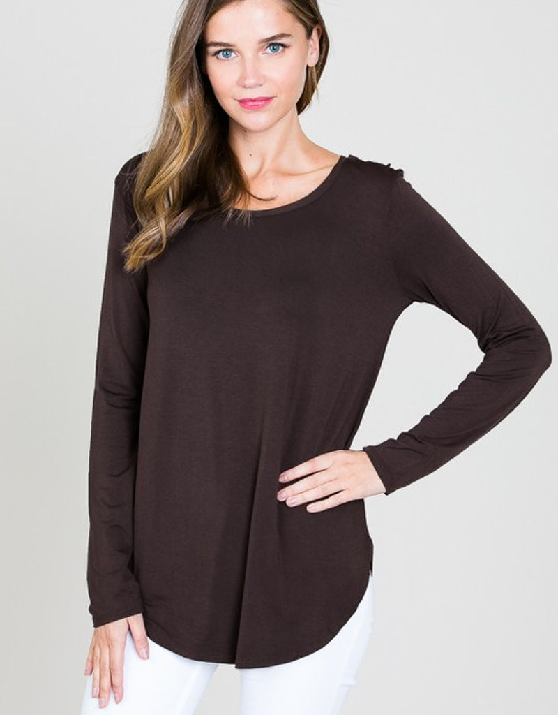 Brown long sleeve round neck top made from silky modal fabric
