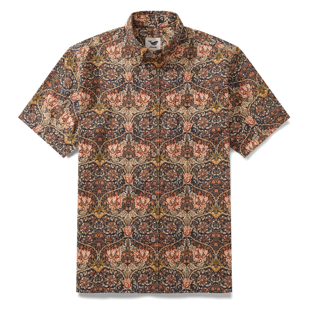 Men's vintage-style Hawaiian shirt in a navy, rust, and mustard-yellow Matabie floral cotton print with a button-down front.