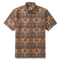 Men's vintage-style Hawaiian shirt in a navy, rust, and mustard-yellow Matabie floral cotton print with a button-down front.