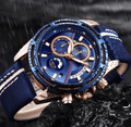 Men's sports watch with black leather strap, chronograph dials, and fluorescent hands