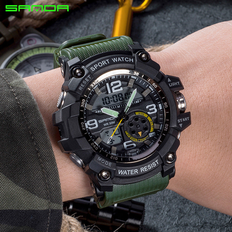 Unisex military-style analog-digital sport watch available in multiple colors including black, green, and orange.