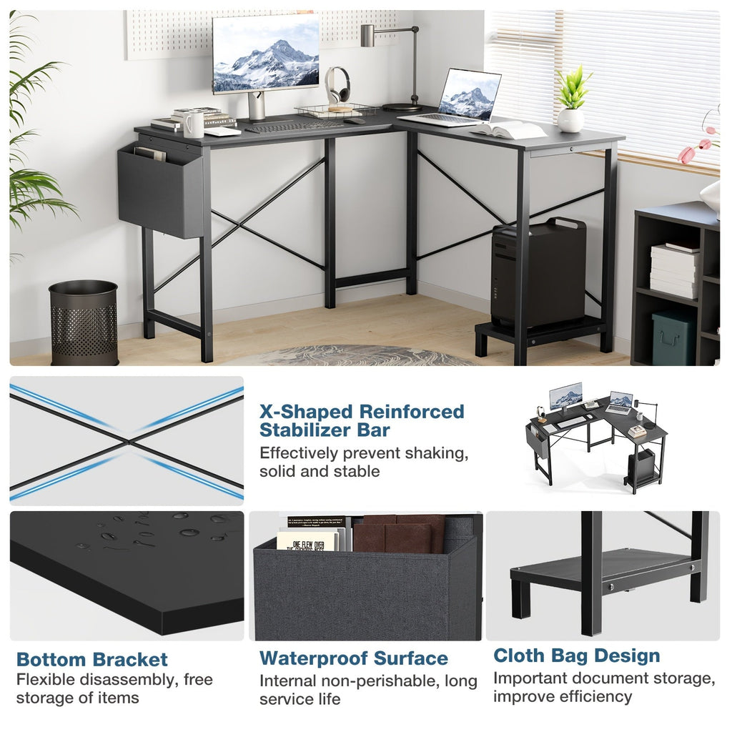 L-Shaped Corner Computer Desk with Storage Pocket Industrial Wood