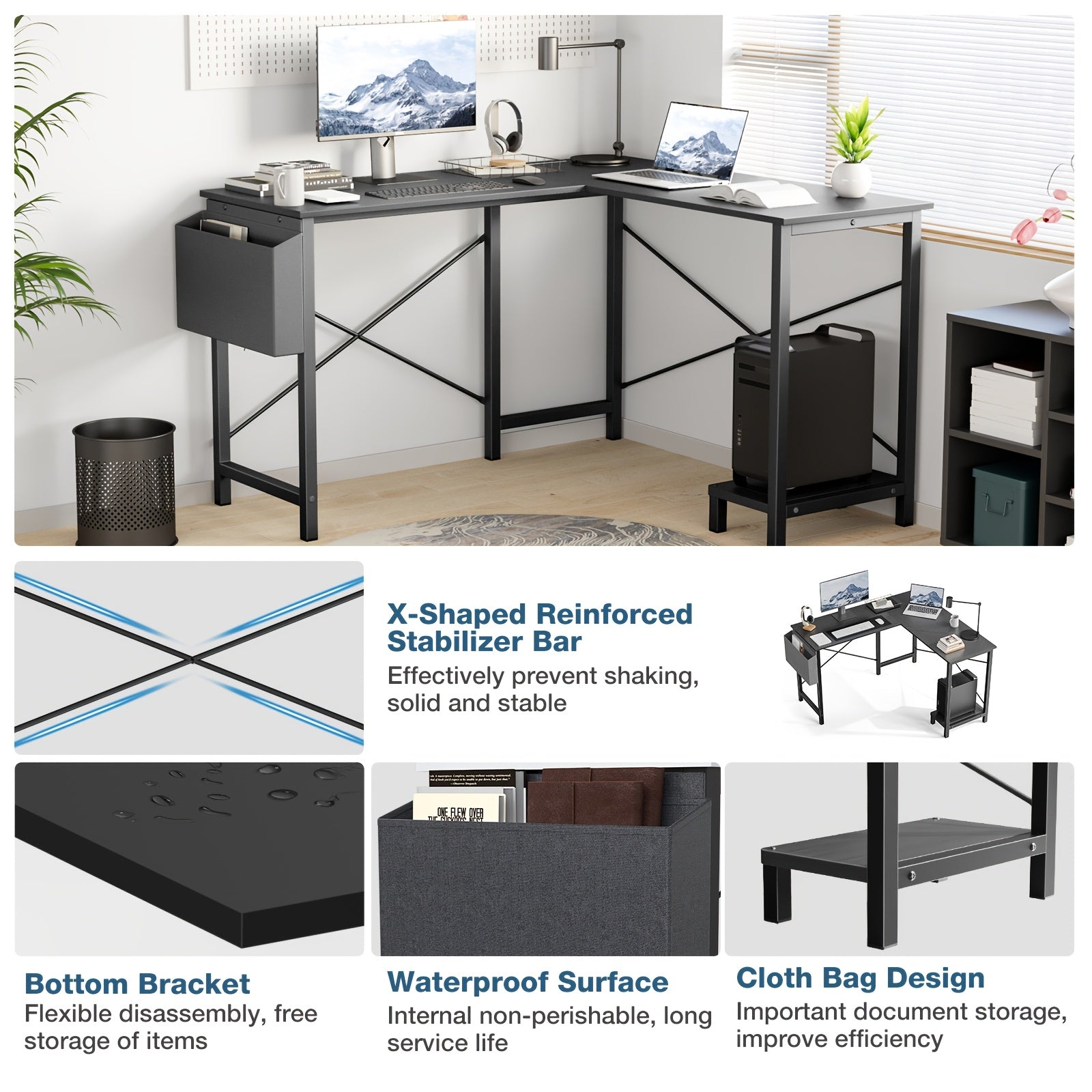 L-Shaped Corner Computer Desk with Storage Pocket Industrial Wood