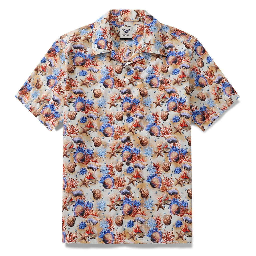 Men's cotton Hawaiian shirt with a maritime-inspired sea shell print in beige, blue, and orange